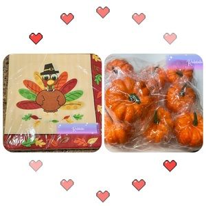 9 mini Artificial Pumpkins  and 3 packs of cute Turkey napkins.
